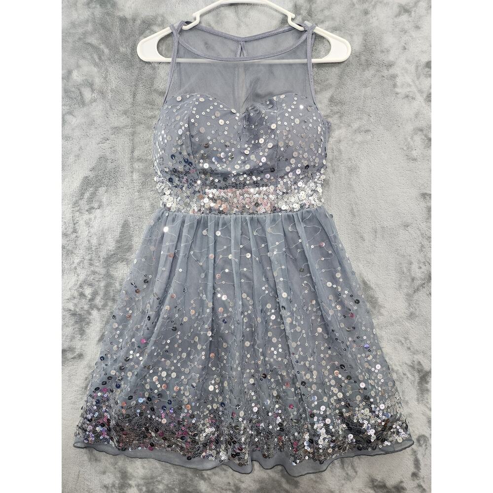 Vintage Y2K Delia's Dress Womens 3 Juniors Gray‎ Silver Sequin Sheer Sweetheart